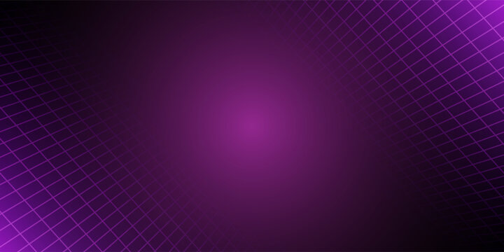 Purple glowing neon wireframe background. Shining checkered vertical grid planes in perspective. Retro futuristic depth wallpaper. Arcade game sci fi matrix surface backdrop for poster, banner. Vector