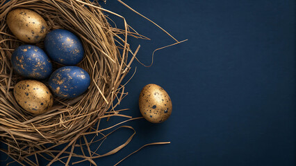 A nest of blue and gold eggs on a dark blue background with one egg outside the nest