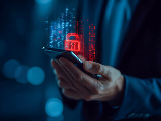 Businessperson holding smartphone with digital lock symbol representing cybersecurity data protection and mobile device security concept at night