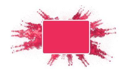 A pink rectangle with a white outline explodes in a burst of pink powder on a black background on transparent background