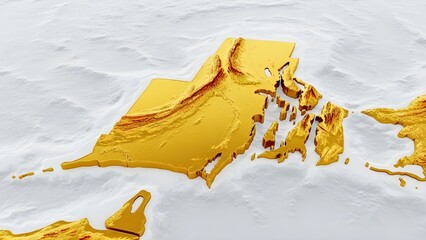 Golden topographic map of landmass with rugged terrain and water bodies