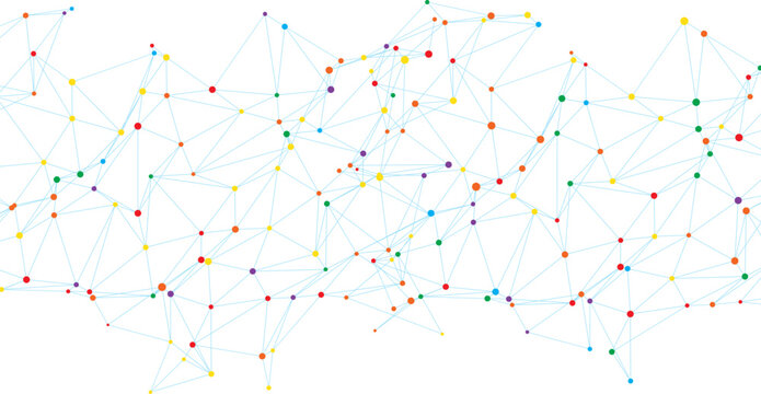 Abstract network of connected nodes with colorful dots on a white background