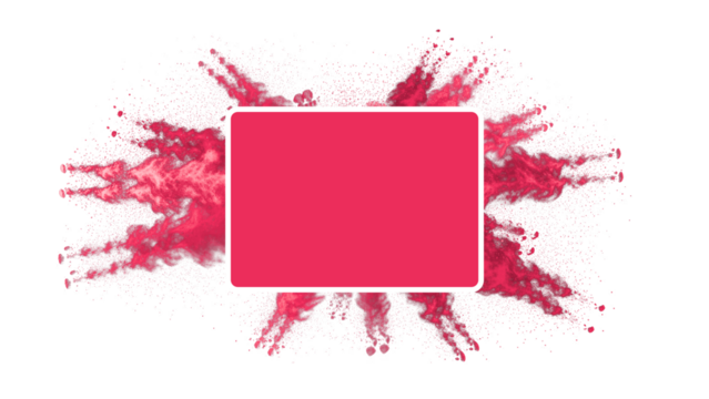 A pink rectangle with a white outline explodes in a burst of pink powder on a black background on transparent background - Powered by Adobe