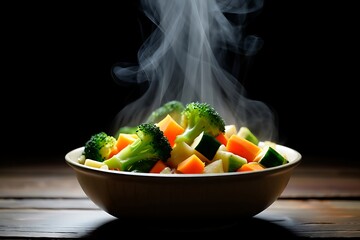 Steaming bowl of mixed vegetables on a wooden table indoors