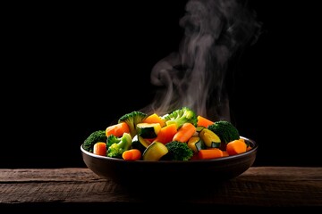 Steaming bowl of mixed vegetables on wooden table indoors  healthy food
