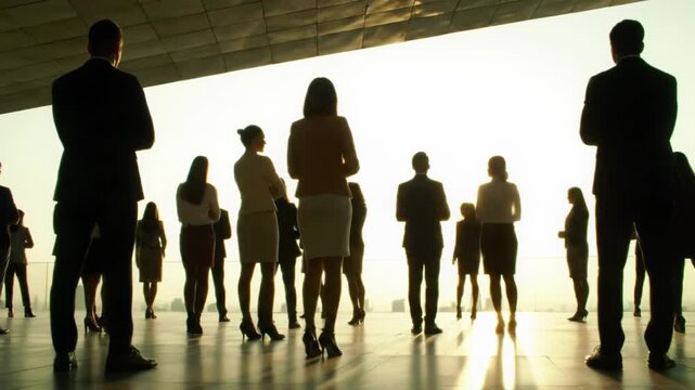 Diverse professionals in stylish business-casual attire on a modern terrace, overlooking a cityscape, silhouetted by golden hour light, embodying strategic foresight and corporate aspiration