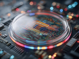 Digital microchip illuminated under a magnifying glass with vibrant neon circuitry and colorful reflections demonstrating advanced technology and innovation