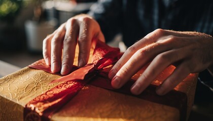Hands wrapping a gift box with red ribbon
