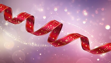 Red ribbon with golden hearts on a sparkling background