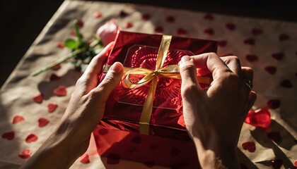 Hands opening a red gift box with gold ribbon