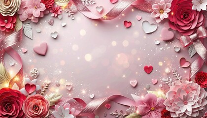 Pink flowers and ribbons with hearts background