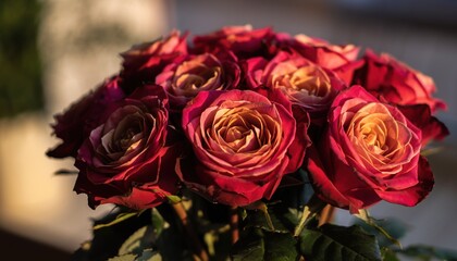 A bouquet of deep red and golden roses