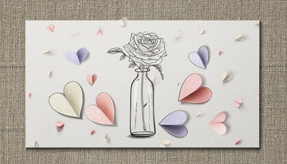 Rose in a vase with paper hearts and petals scattered