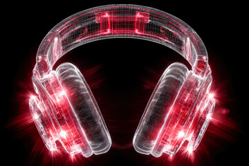 Futuristic digital headset with glowing red lights and intricate wireframe design