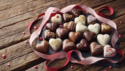 Assortment of heart shaped chocolates with ribbon