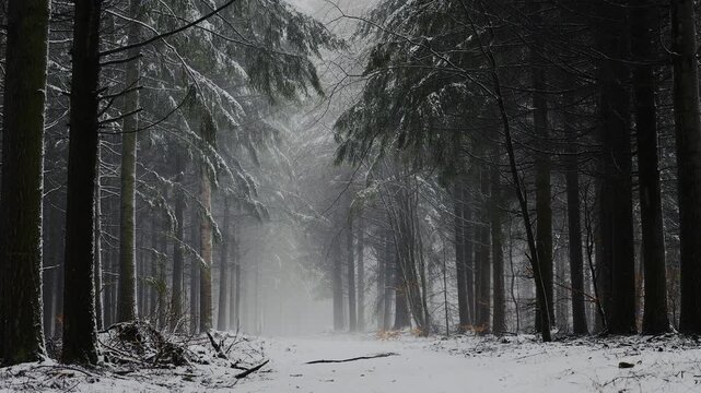 Schneefall und Nebel im Wald in HDR HLG