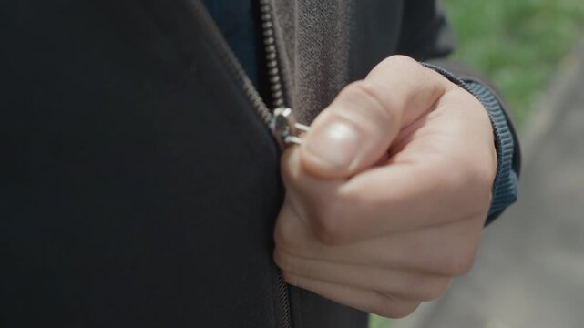 closeup hand pulling zipper on jacket, caucasian man on city sidewalk securing coat before commute, firm thumb on slider, textured knit and metal teeth in focus, practical everyday movement in mild