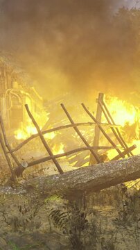 cabin engulfed in flames at dusk, snowdusted fence collapsing into charred yard, thick smoke billowing around timbered cottage, orange glow casting eerie light