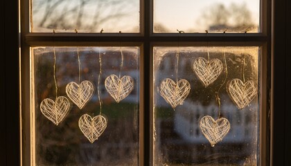 Hanging decorative hearts displayed on a window pane