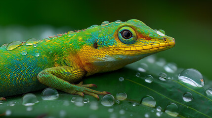 Obraz premium Macro Close-Up of Green Lizard with Water Drops in Tropical Habitat: Detailed Wildlife Photography
