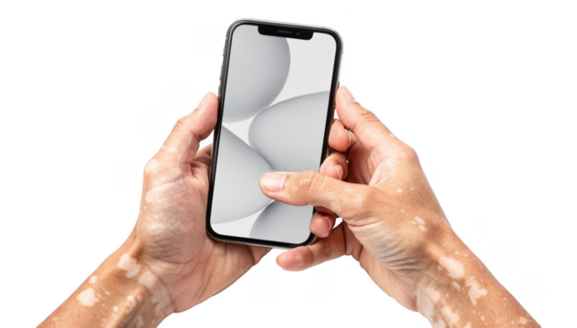 Closeup of depigmented hands gently holding a smartphone against a white background showcasing vitiligo in a modern lifestyle context. - Powered by Adobe