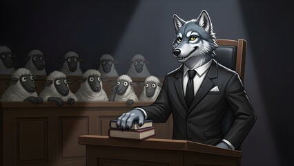 Wolf in suit stands confidently at courtroom podium before sheep