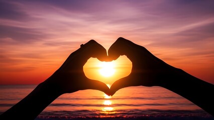 Hands forming heart shape against vibrant sunset over serene ocean