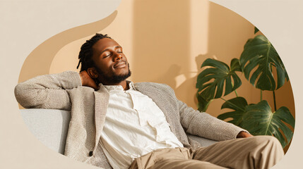 Business professional unwinding in a soft, calming setting, representing relaxation priority, mental health, and career harmony.