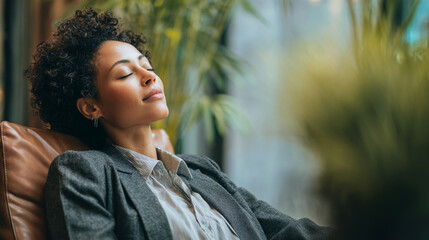 Business professional unwinding in a soft, calming setting, representing relaxation priority, mental health, and career harmony.