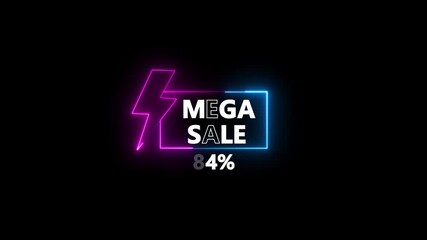 Glowing neon text Mega Sale 84 Percent Off Discount Announcement With Lightning Bolt. discount promotion for online and retail shopping with dark background.