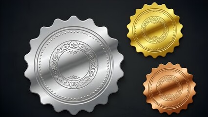 Shiny gold, silver, and bronze medals with intricate designs on black background