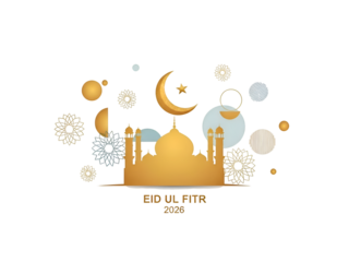 Eid Ul Fitr 2026 Celebration with Golden Mosque & Moon Isolated on Transparent Background