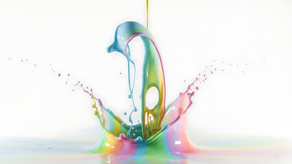 High-speed studio shot of a dynamic pastel-colored paint splash with vibrant blue, yellow, and pink liquid drops exploding on a clean white background for creative design.