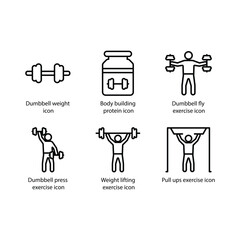 Dumbbell weight, Body building protein, Dumbbell fly, Dumbbell press, Weight lifting, Pull ups, icon