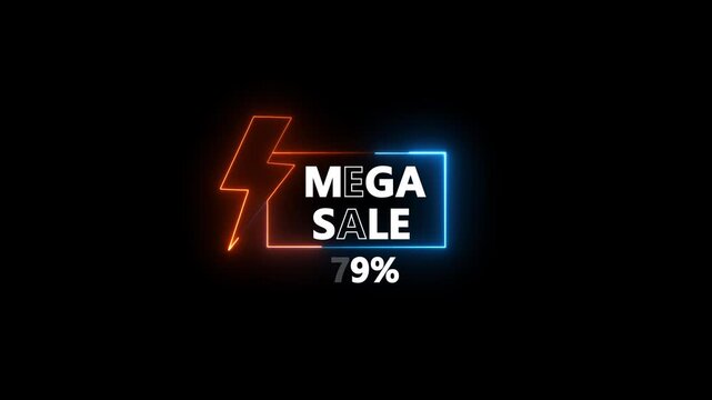 Glowing neon text Mega Sale 79 Percent Off Discount Announcement With Lightning Bolt. discount promotion for online and retail shopping with dark background.