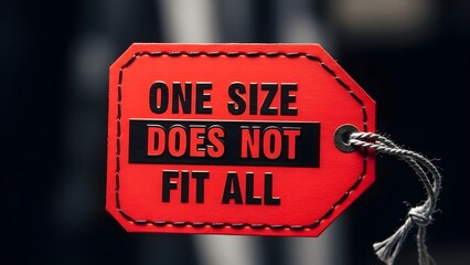 Red tag with one size does not fit all message on black background