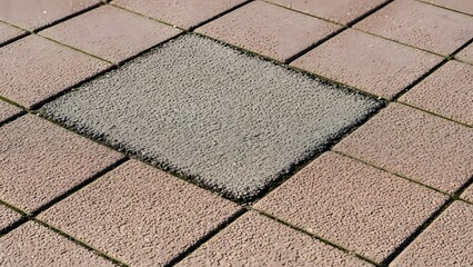 CloseUp Textured Concrete Pavement with Smooth Grey Patch Repair