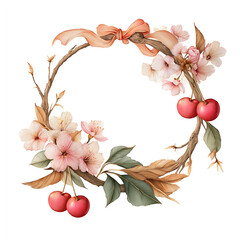 Floral Wreath with Cherry Blossoms in Autumn Colors: Elegant Nature Design with Botanical and Floral Elements for a Spring Theme in Vibrant and Romantic Style