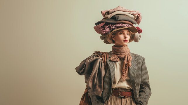 An eye-catching editorial-style photo victorian-inspired model in flowery sun hat, fedora, scarves, and belted coat - timeless fusion of modern style with vintage elegance.