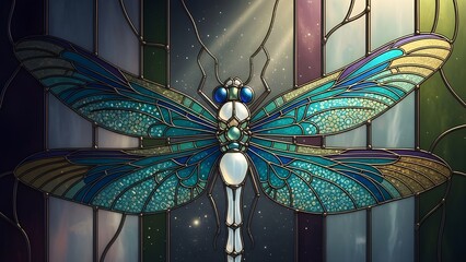 Stunning stained glass dragonfly with iridescent blue wings in night sky