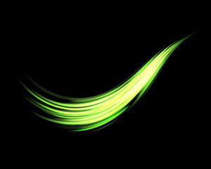 Glowing green lines. Neon realistic energy speed. Abstract light effect on a black background. Vector illustration.