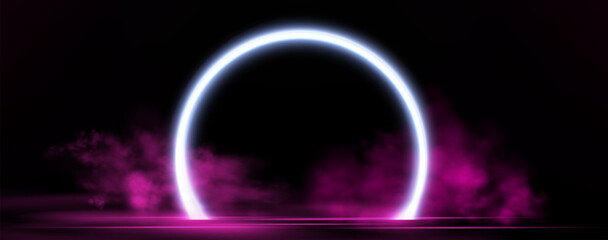 Neon ring with glowing pink and purple light effects, futuristic portal gateway, vibrant smoke and LED illumination. abstract vector frame composition.