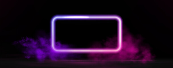 Neon frame with glowing pink and purple light effects, futuristic portal gateway, vibrant smoke and LED illumination. abstract vector frame composition.