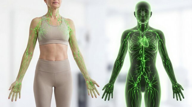 Anatomy of the Human Body: A medical illustration showcases the intricate network of the lymphatic system, superimposed over an athletic female figure, giving a look at a healthy body and wellness.