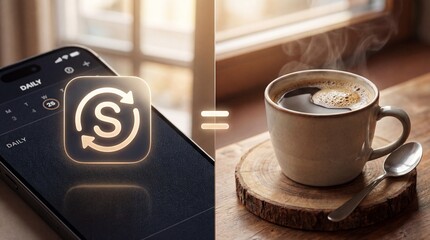 A conceptual visual of the perfect cup of coffee, paired with a modern application interface, presenting a symbolic moment of digital innovation meets the comforting ritual of the morning beverage.
