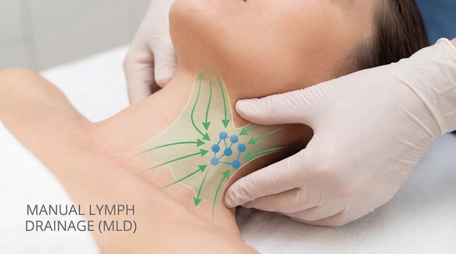 A close-up view of the manual lymph drainage (MLD) technique, demonstrating the gentle massage, highlighting the body's natural detoxification process and enhancing overall well-being.