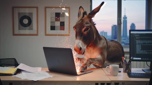 Donkey triggers fiery office mishap, Horse disrupts work causing fiery mess and surprised reactions, Donkey at desk sparks abrupt fiery explosion with papers burning and coffee spilling everywhere