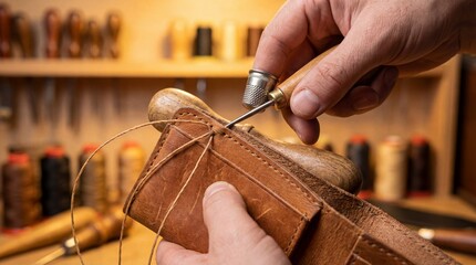 A craftsman meticulously stitching leather. Close-up shot showcases hands skillfully manipulating tools in a workshop, demonstrating a dedication to detail. 