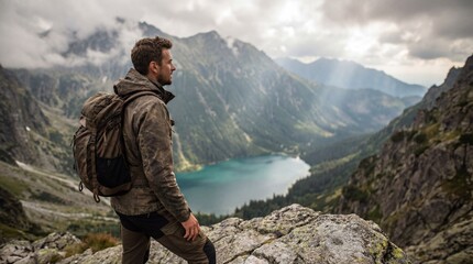 A lone hiker stands atop a rocky peak, gazing at the breathtaking vista of mountains and a shimmering alpine lake. Embracing the immensity of the natural world.