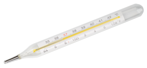 Medical glass thermometer for measuring body temperature. Classic mercury thermometer for healthcare, fever detection and illness monitoring. Traditional medical instrument for home and clinical use